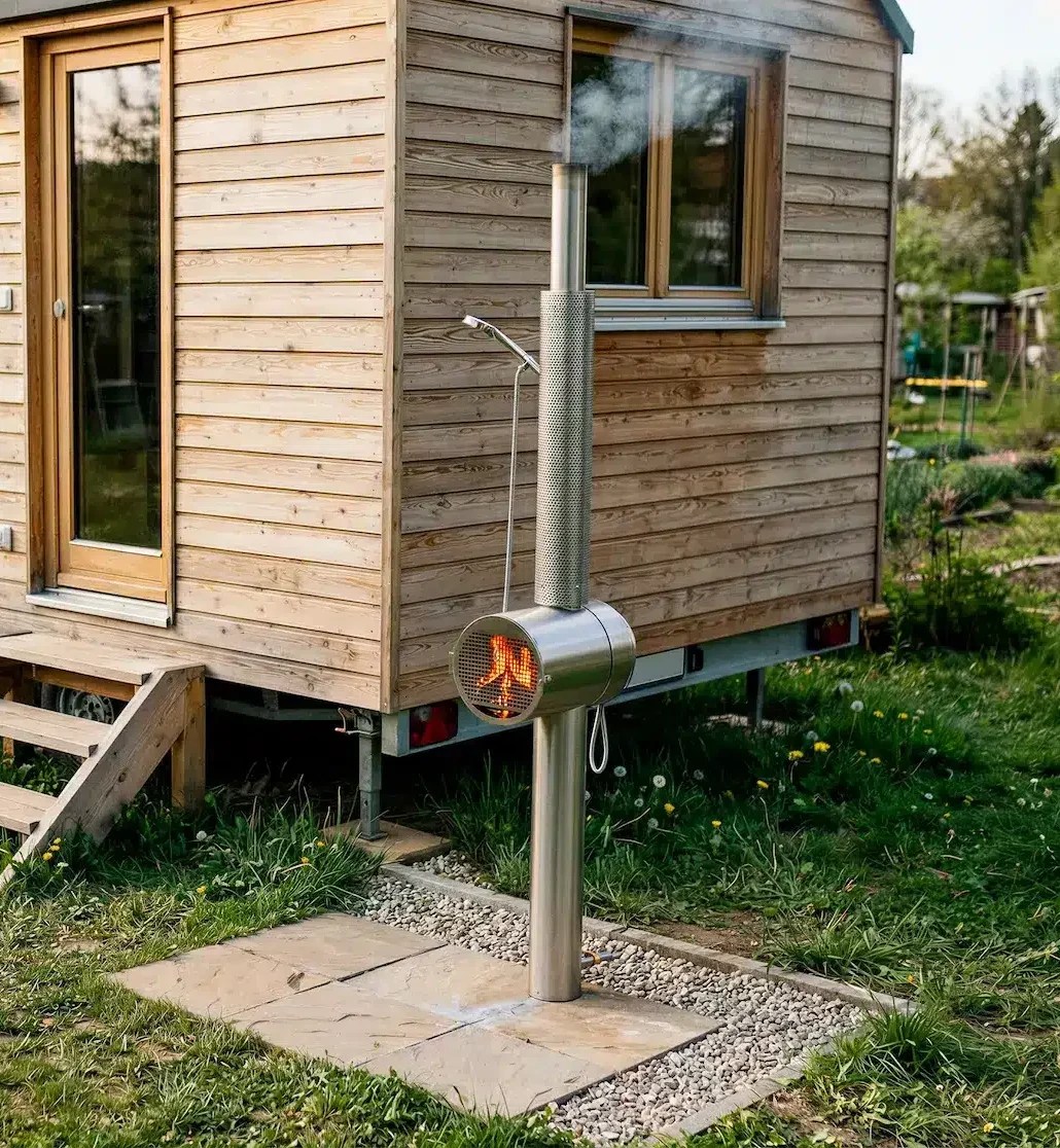 Feuerwasser outdoor shower with smoke rising next to a wooden tiny house
