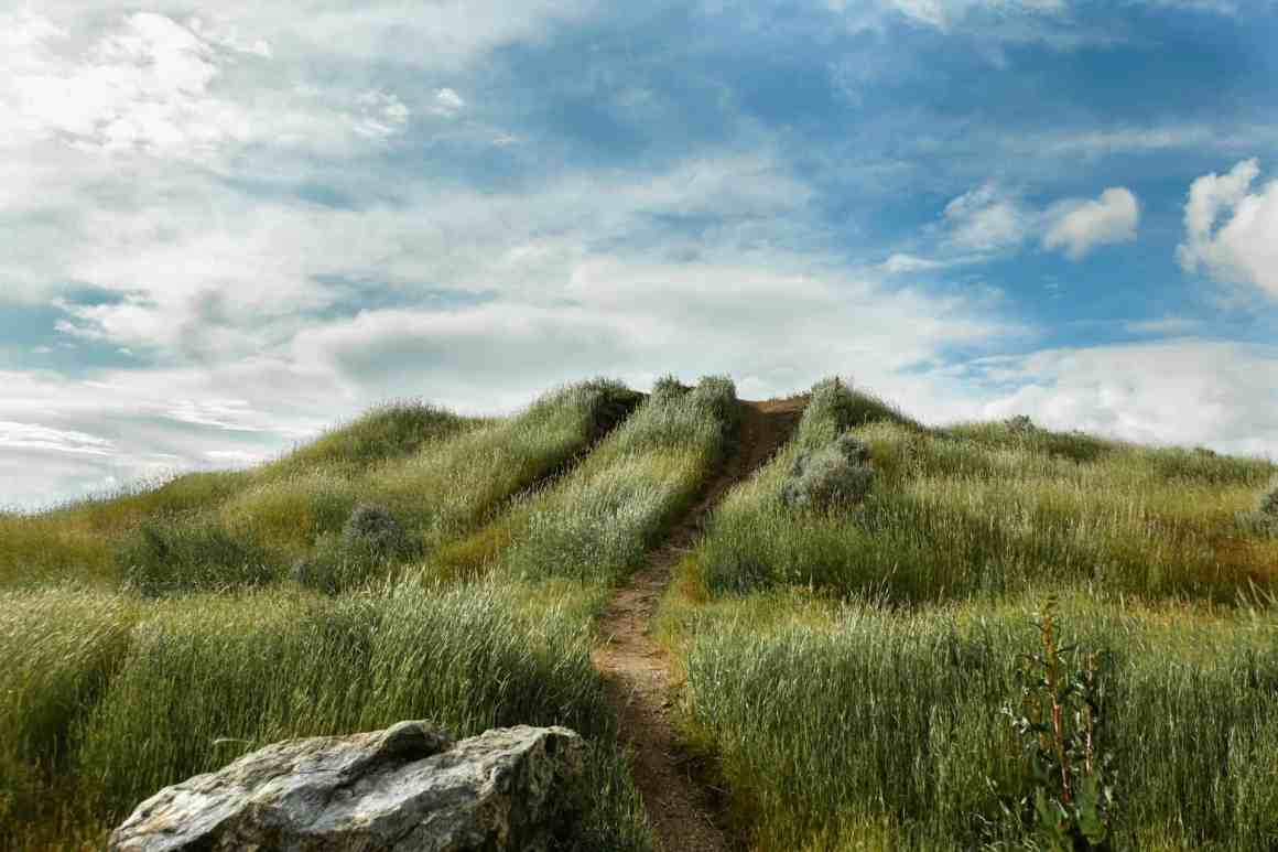A winding dirt path leads through lush green hills under a partly cloudy sky.